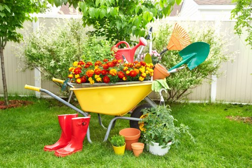 Tools used for hedge trimming in an urban garden